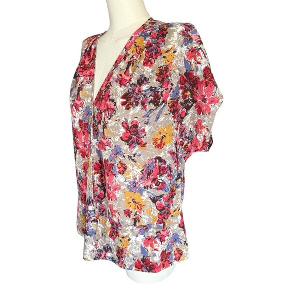 Pleione Multicolored Floral V-Neck Short Sleeve Snap Closure Top Women's M - Picture 2 of 10